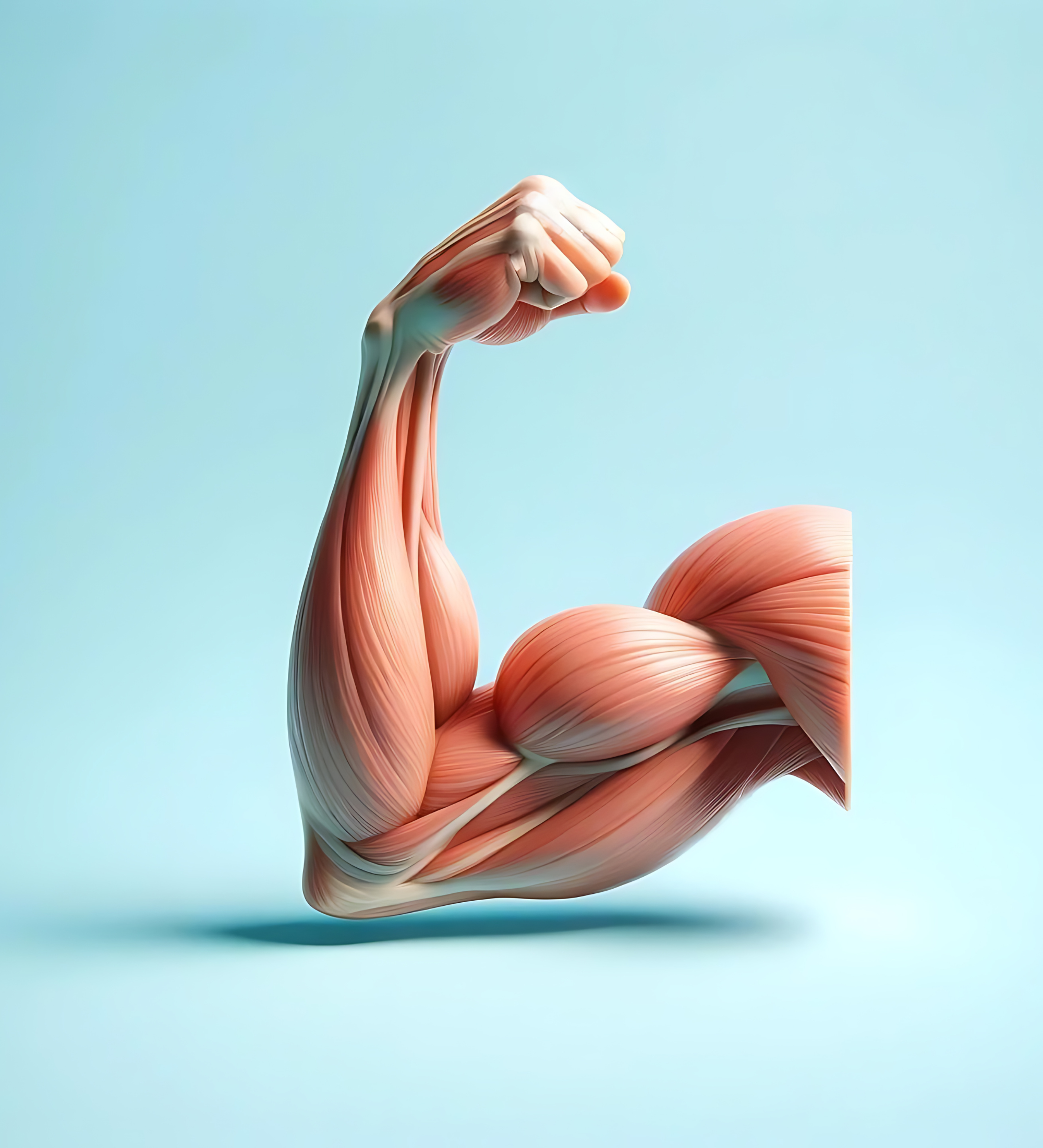 Bicep muscle image next to text explaining benefits of KLAR hydrogen water: accelerates muscle recovery, reduces muscle fatigue, and boosts endurance capacity by neutralizing exercise-induced reactive oxygen species.