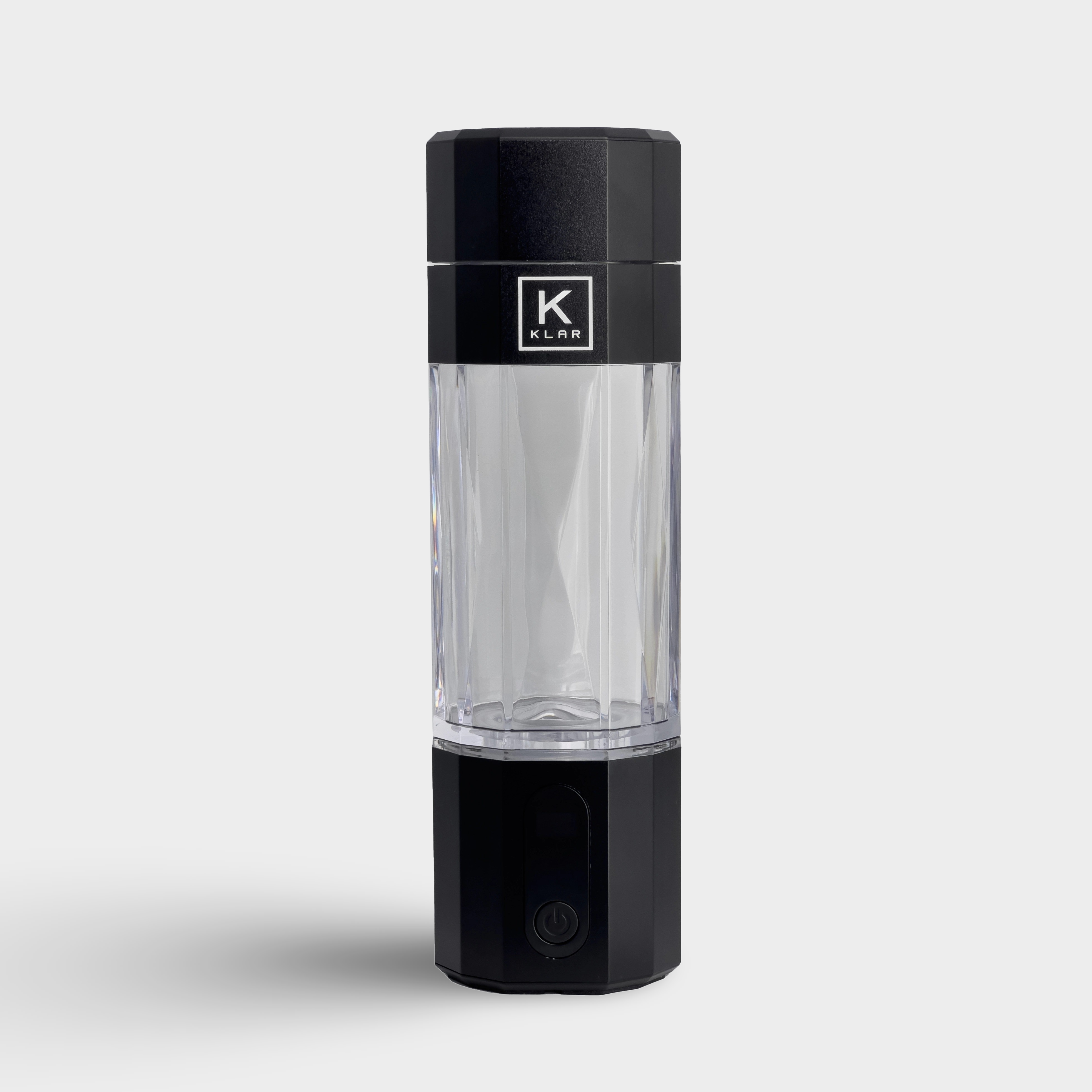 Front view of black KLAR ELITE hydrogen water bottle with anodized aluminum shell and LCD display.