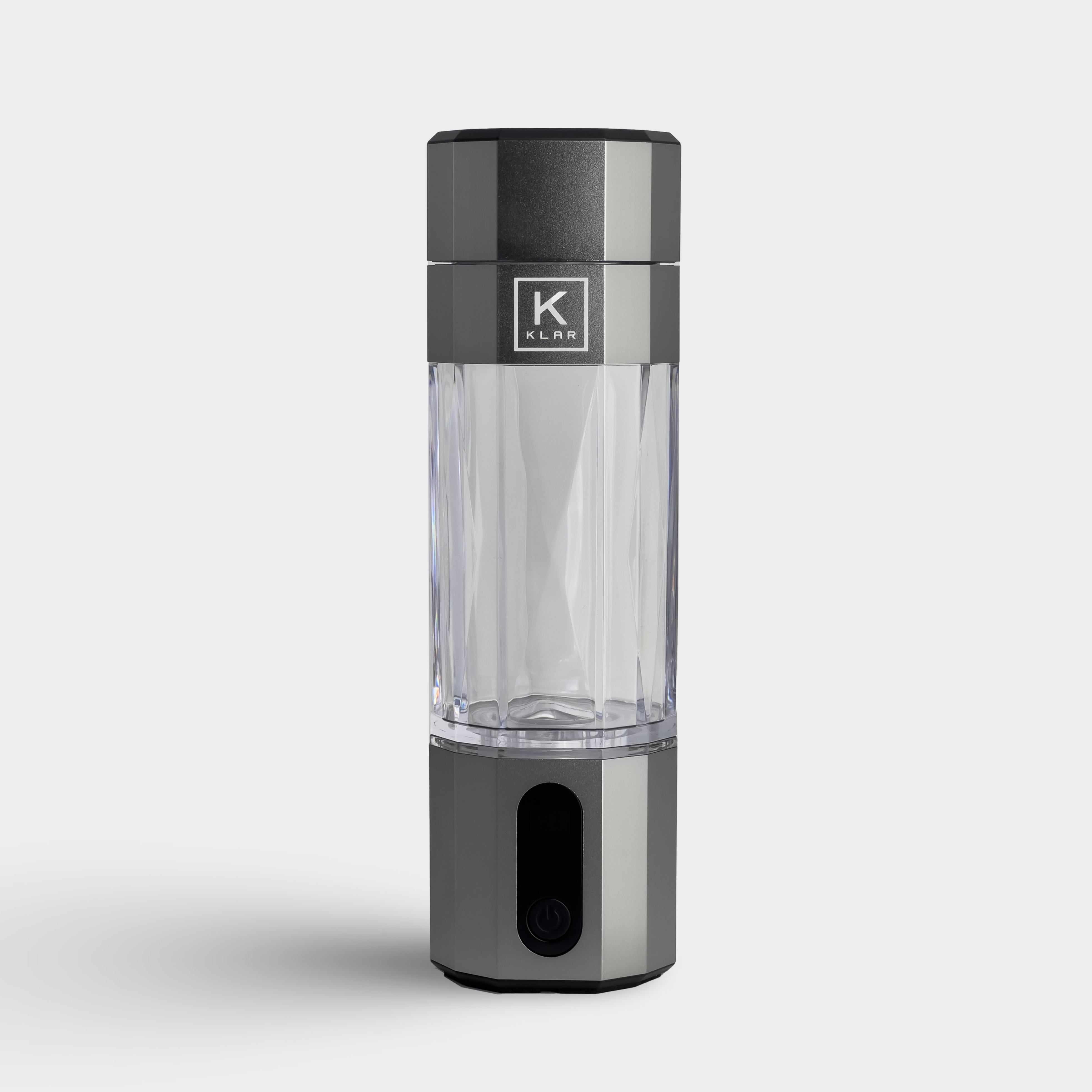 Front view of silver KLAR ELITE hydrogen water bottle with anodized aluminum shell and LCD display.